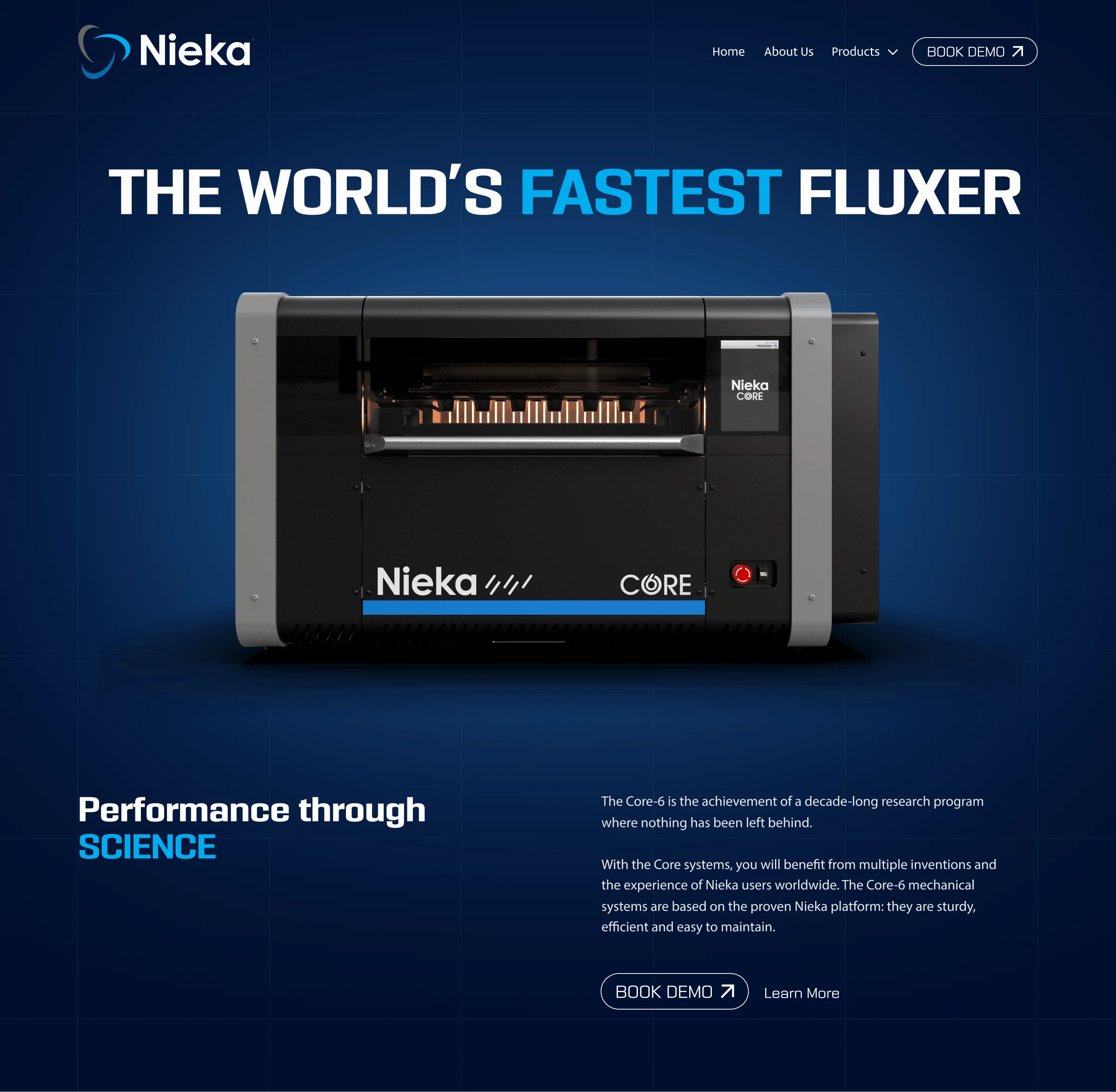 Nieka Core-6, a black and gray industrial machine labeled as the world's fastest fluxer, with a blue background and promotional text about performance through science.