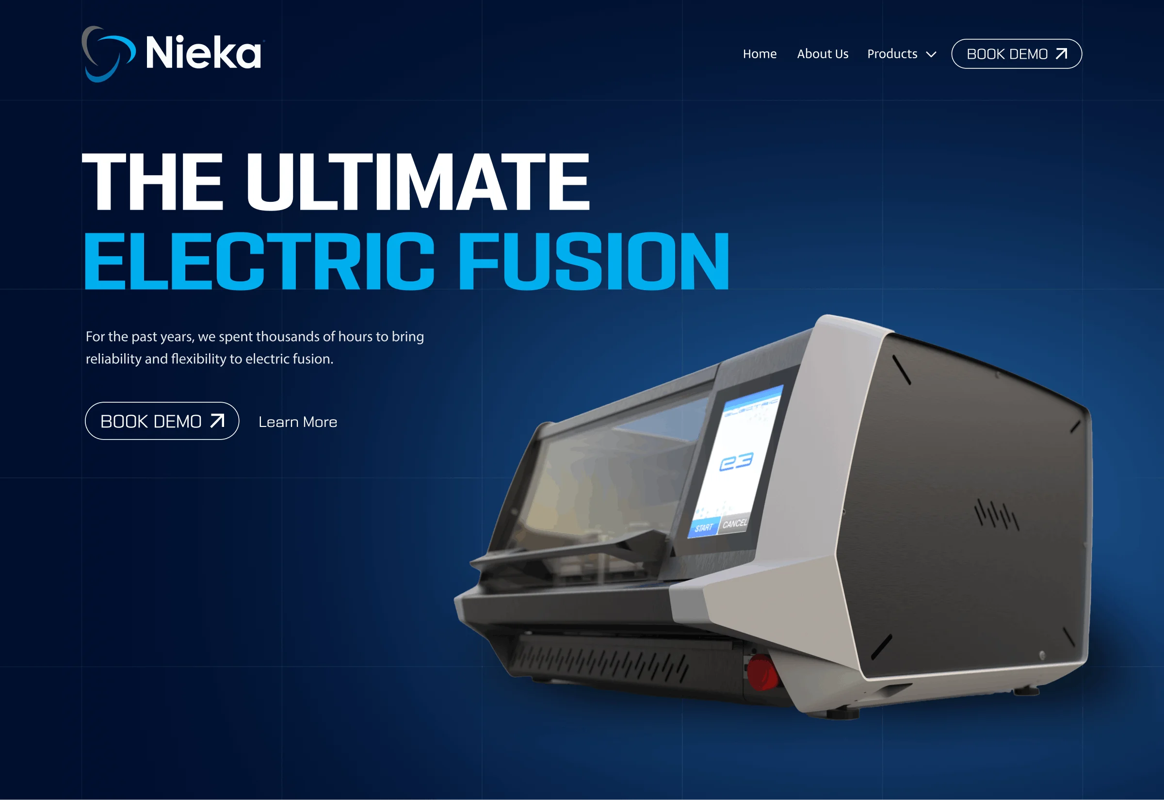 Modern electric fusion machine with digital touchscreen interface on a blue gradient background with text promoting reliability and flexibility.