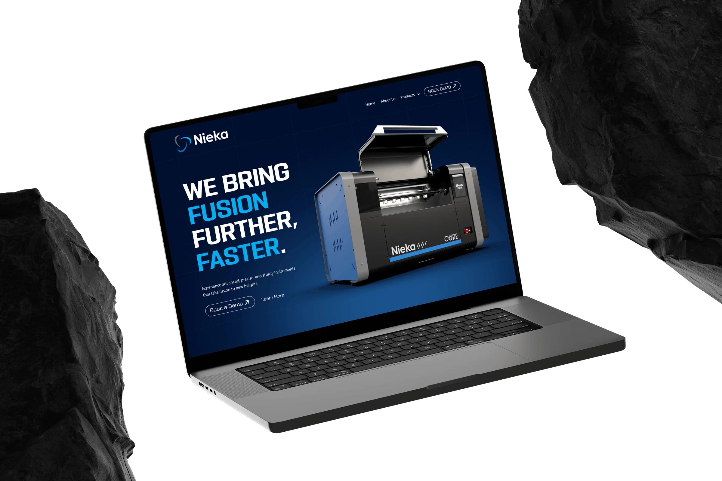 Laptop displaying Nieka's website featuring a fusion machine with the slogan 'We bring fusion further, faster.'