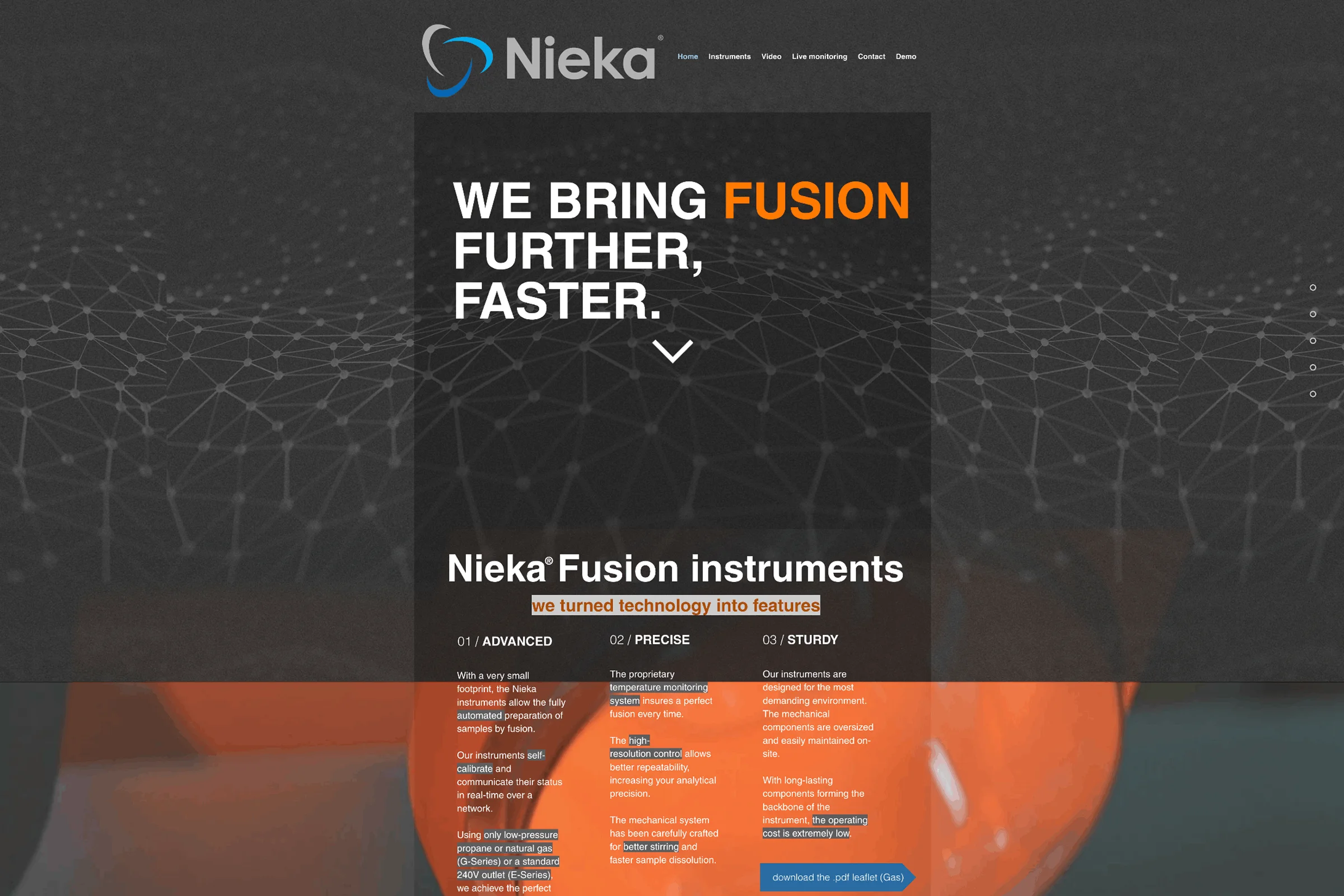Nieka website homepage showing slogan 'We bring fusion further, faster' with details on advanced, precise, and sturdy fusion instruments.