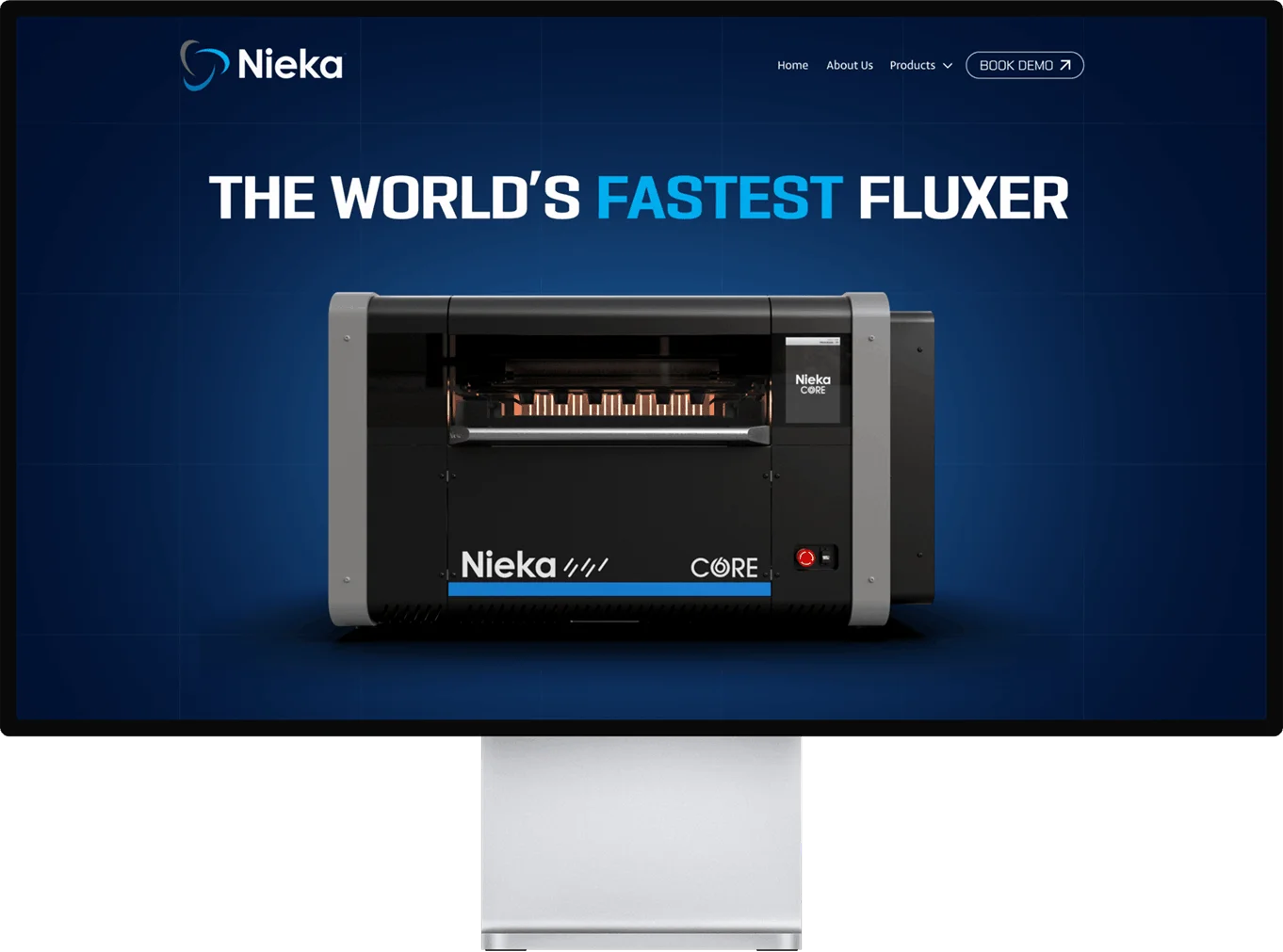 Computer screen displaying the Nieka Core fluxer machine with heading 'The World's Fastest Fluxer' and navigation menu at top right.