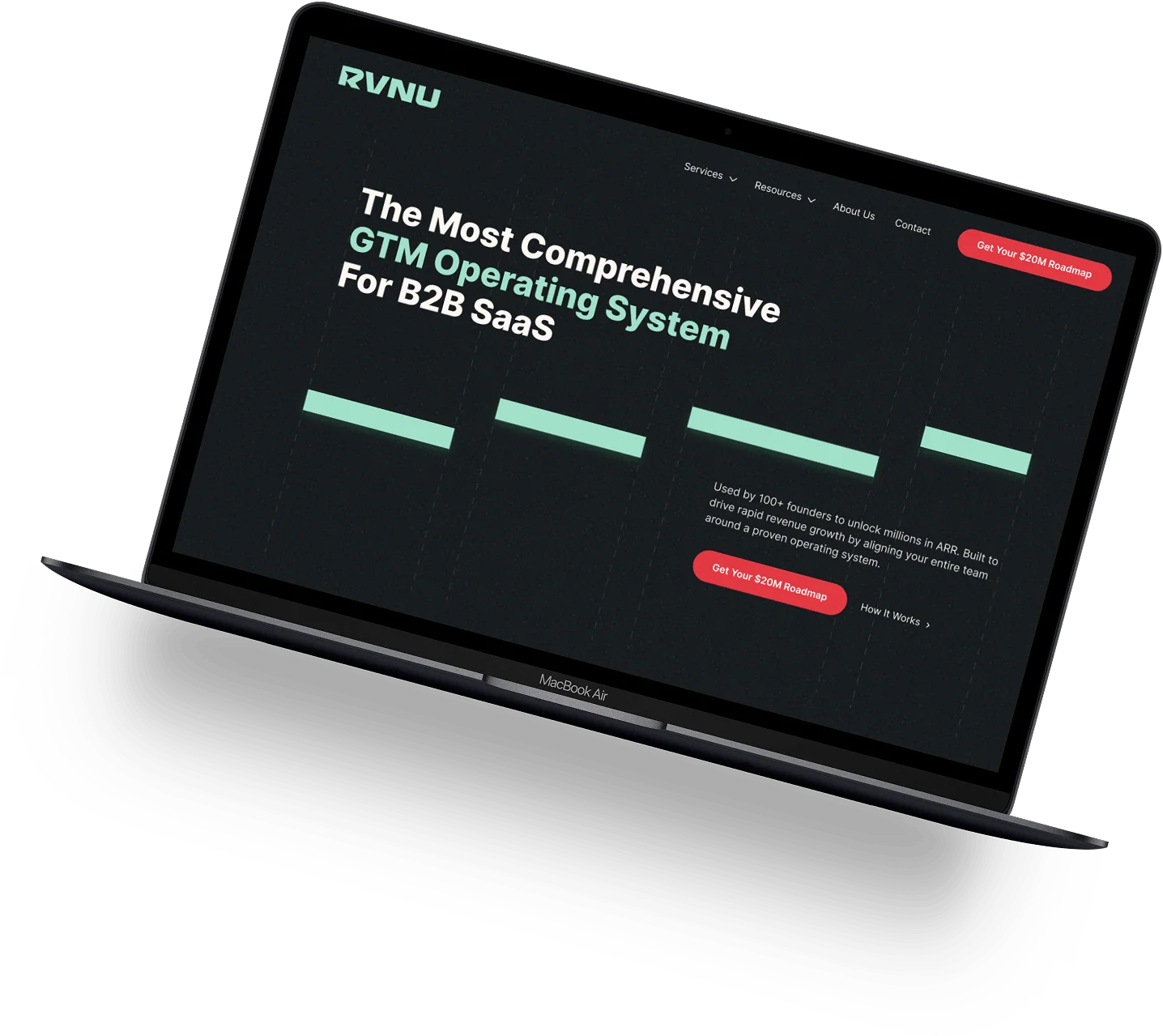 MacBook Air laptop displaying RVNU website homepage featuring a GTM Operating System for B2B SaaS with a call-to-action button for a $20M roadmap.