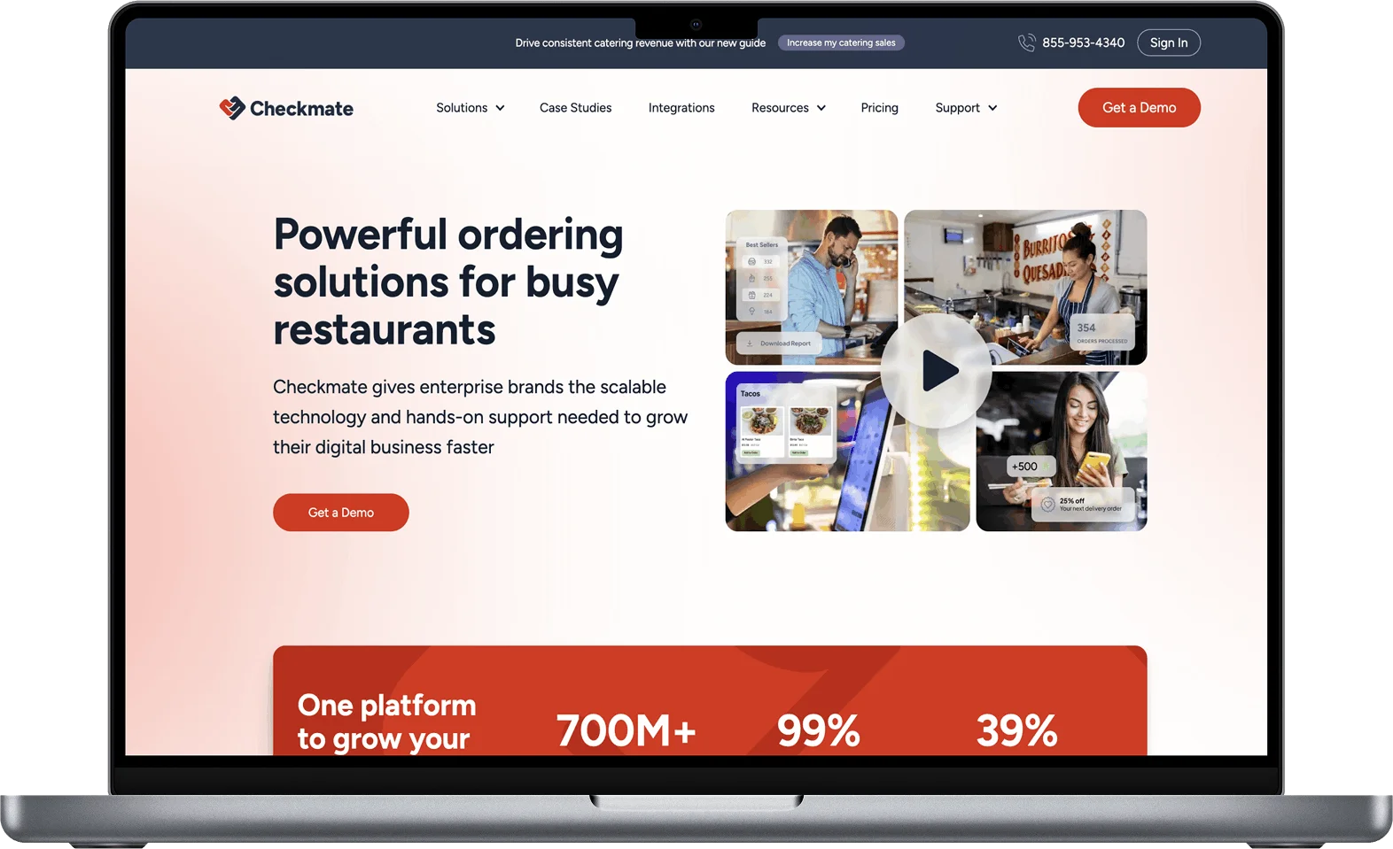 Laptop screen displaying Checkmate website homepage featuring ordering solutions for busy restaurants with images of people working and ordering food, and a prominent Get a Demo button.