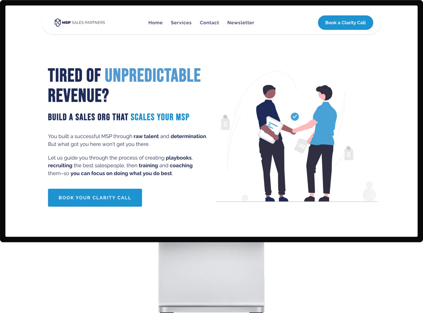 Website header with navigation and a call to action about building a sales organization for MSPs, featuring two illustrated people shaking hands.