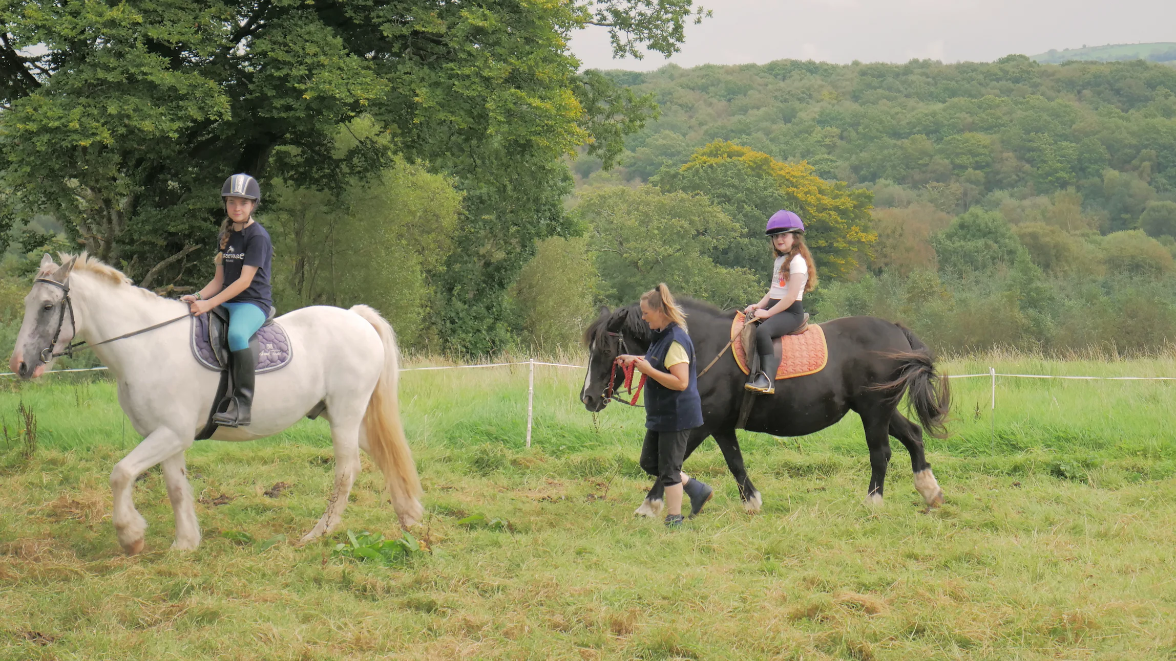 Two girls riding horses in a grassy field, one girl on a white horse and another on a black horse led by a woman.