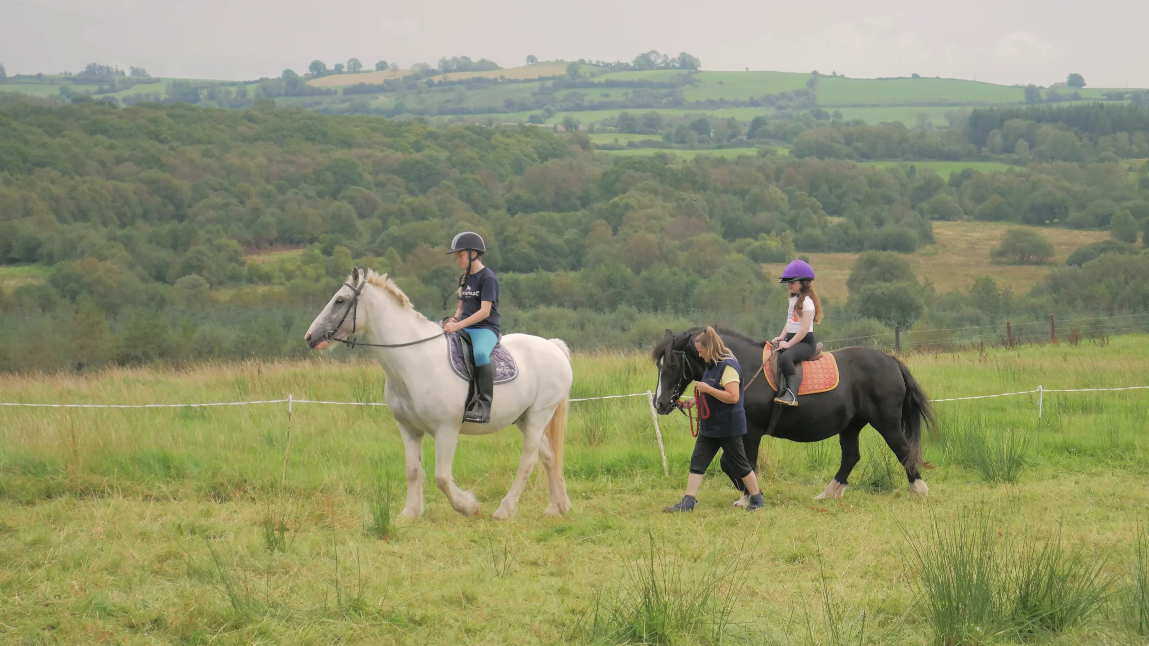 Two children wearing helmets riding a white and a black horse respectively on a grassy field, with an adult leading the black horse.