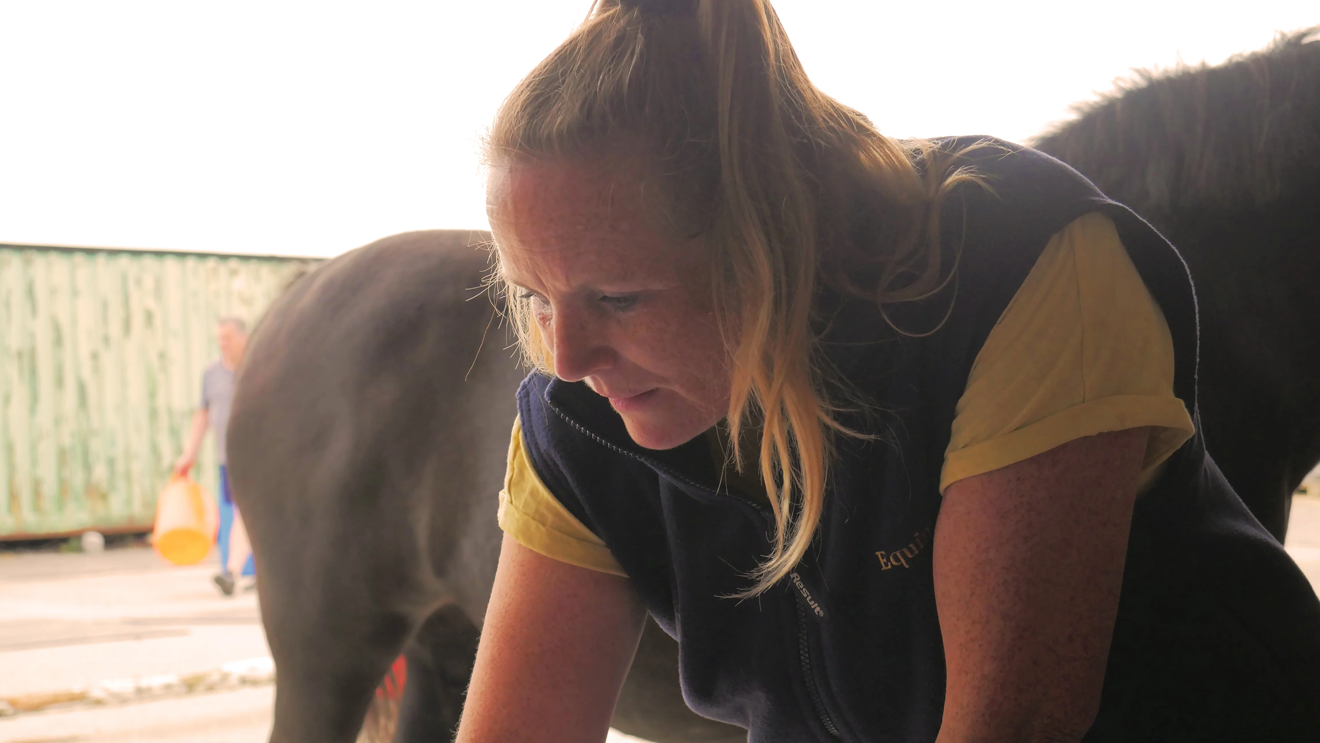 Woman in a yellow shirt and navy vest bending down next to a dark horse in an outdoor setting.