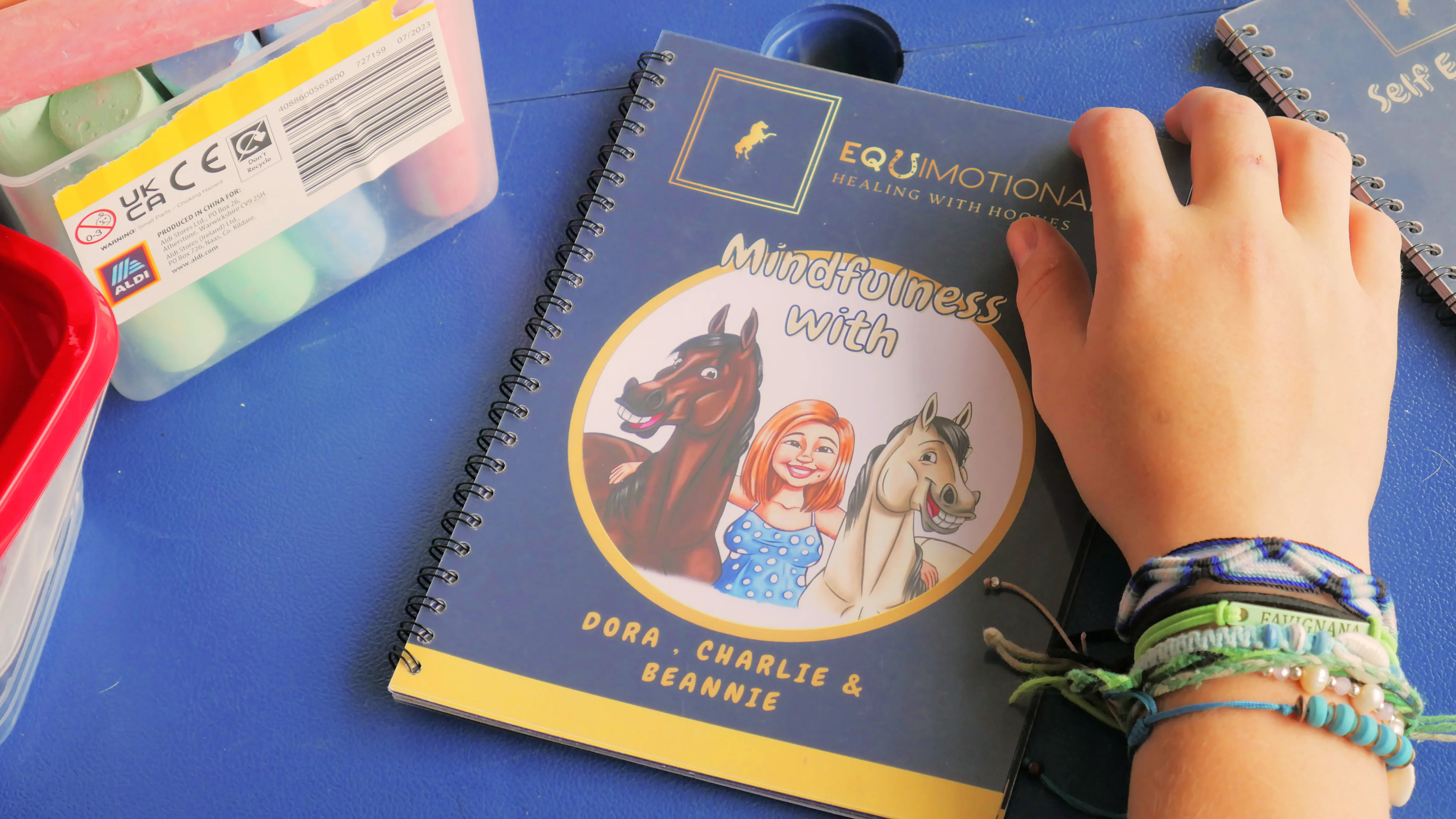 Hand wearing colorful bracelets resting on a spiral notebook titled 'Mindfulness with Dora, Charlie & Beannie' showing cartoon horses and a girl.