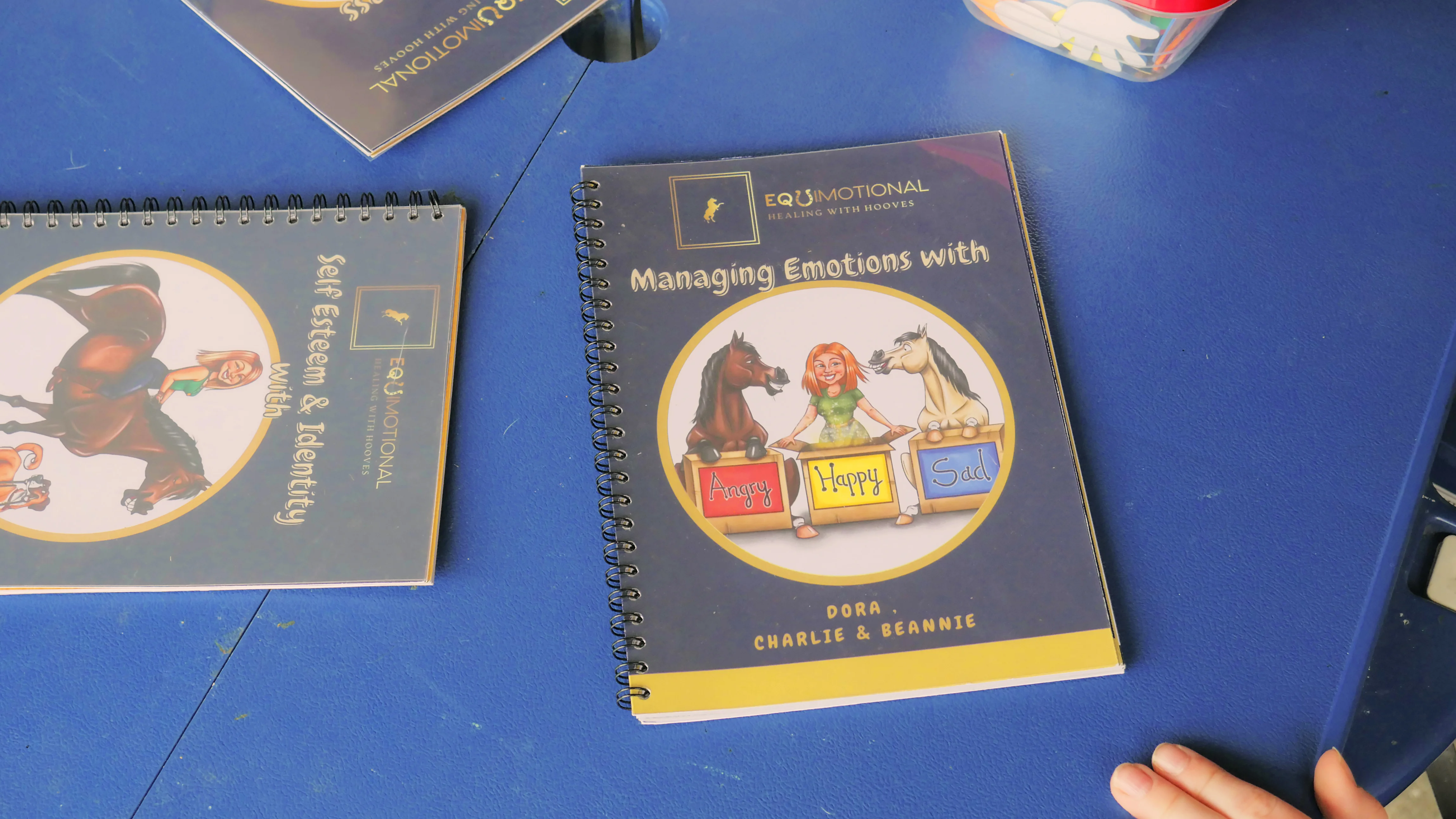 Two spiral-bound booklets titled 'Managing Emotions with Dora Charlie & Beannie' and 'Self Esteem & Identity with EquiMotion Horses' on a blue surface.