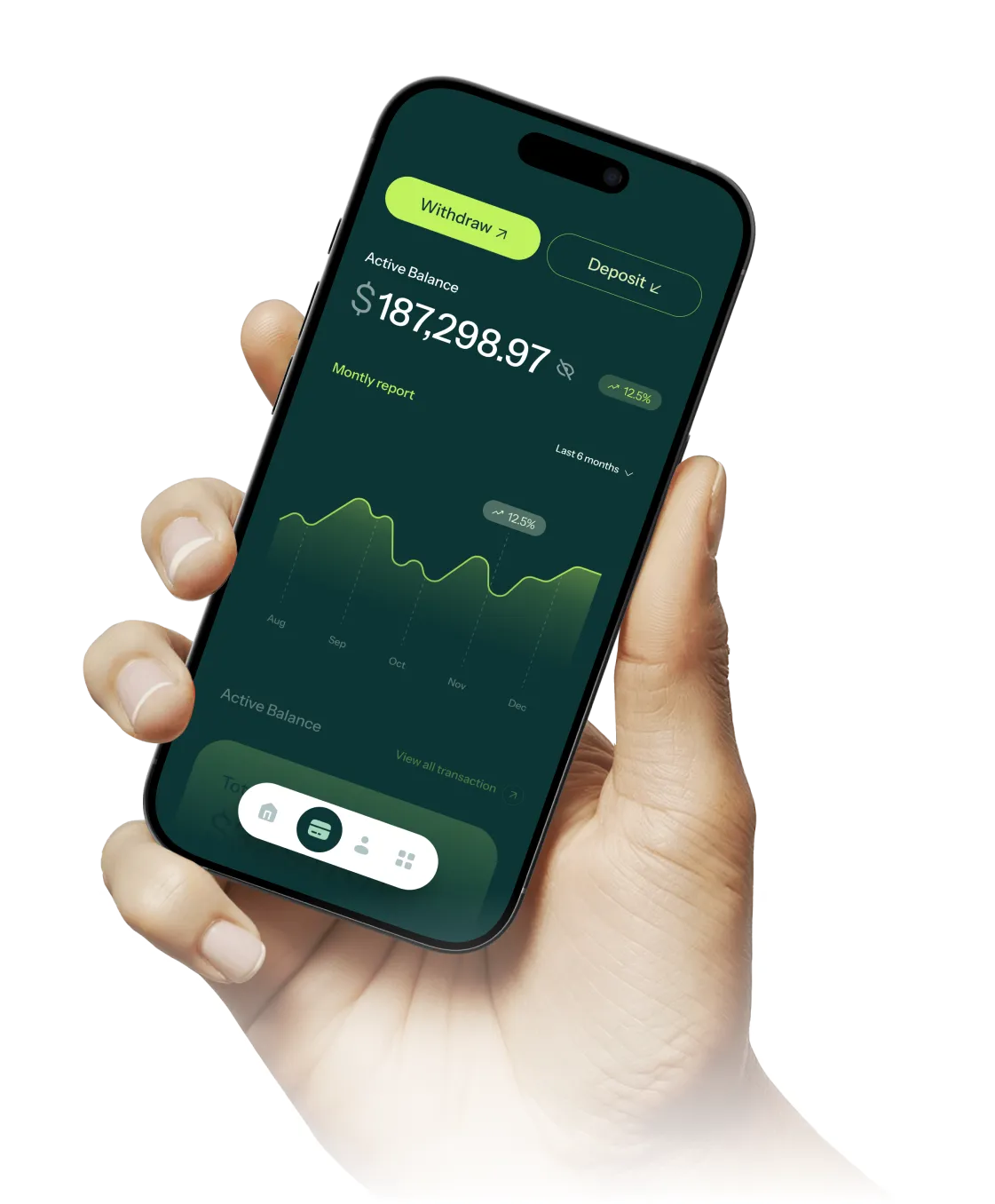 Hand holding smartphone displaying a financial app with an active balance of $187,298.97 and a monthly report graph for the last 6 months.