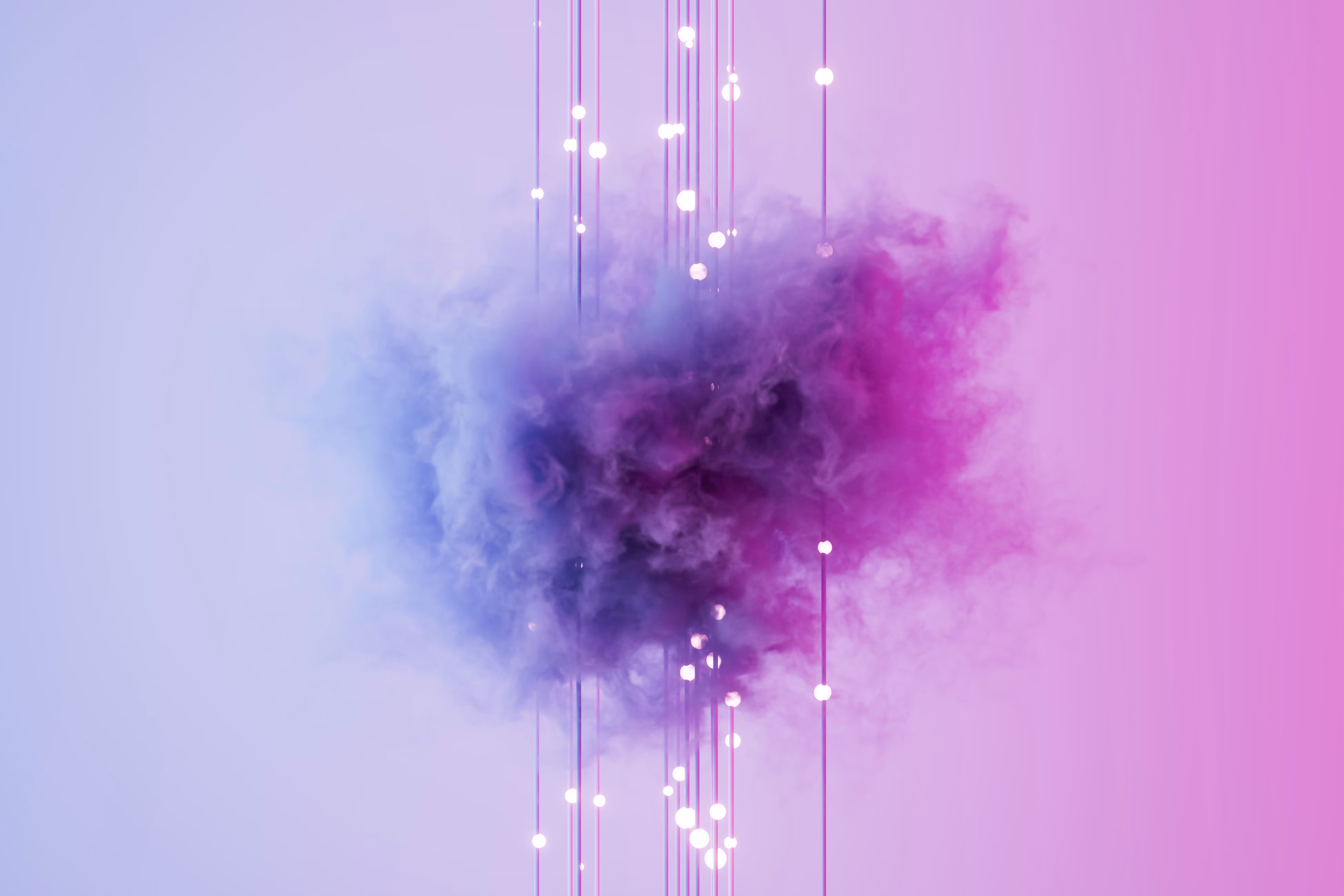Purple and pink smoke cloud with vertical glowing light streaks on a gradient background.
