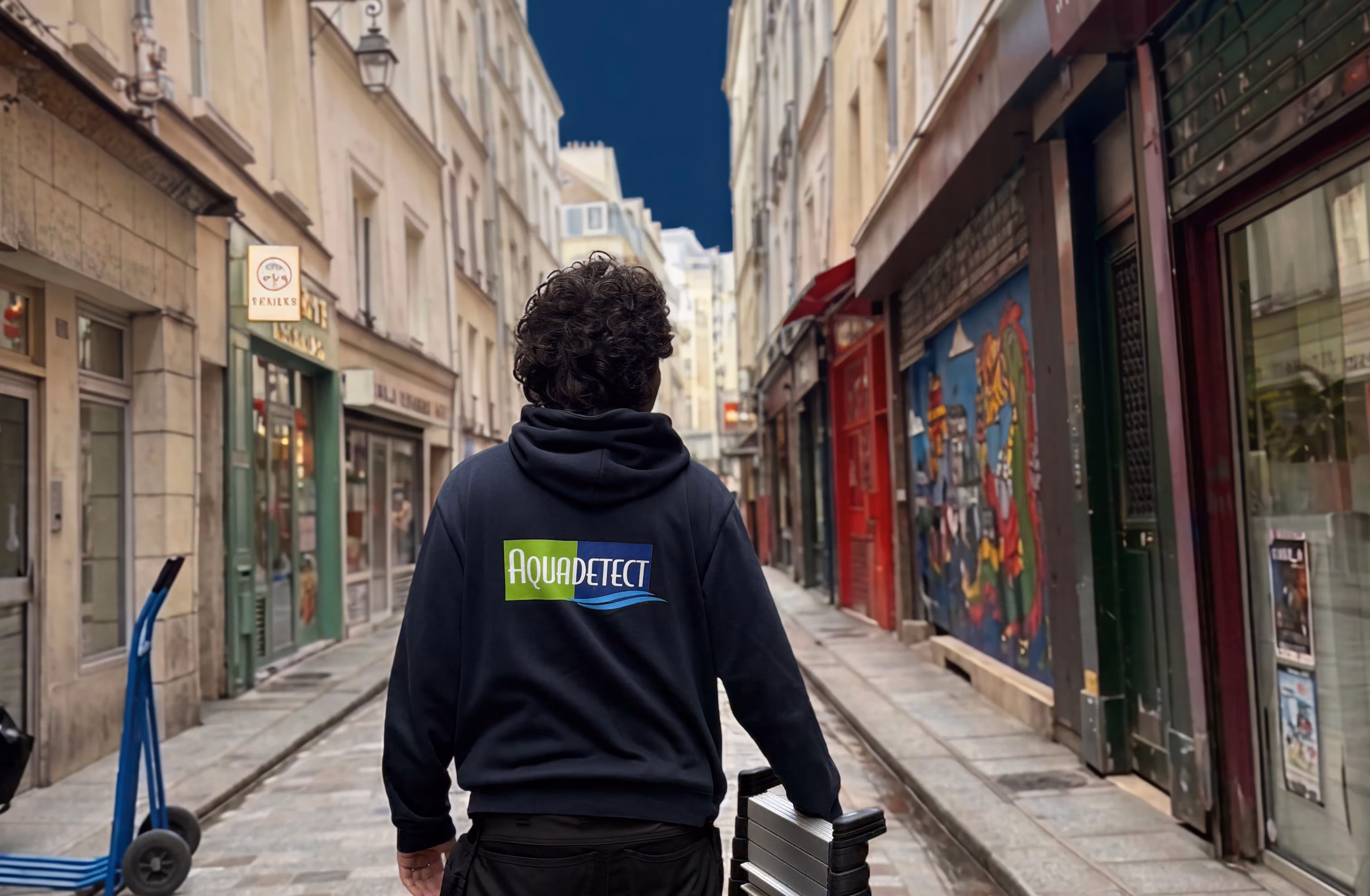 Homme de dos avec sweat Aquadetect dans une ruelle urbaine tenant un escabeau.