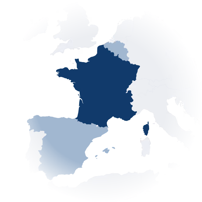 Carte de l'Europe montrant la France en bleu foncé et l'Espagne, la Belgique et le Luxembourg en bleu clair.