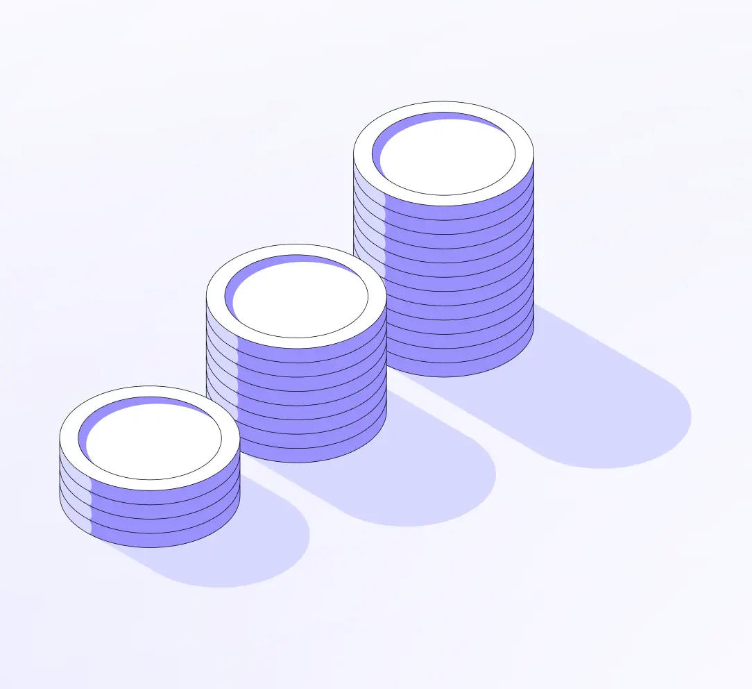 Three stacks of purple and white coins arranged in ascending order from left to right casting shadows.