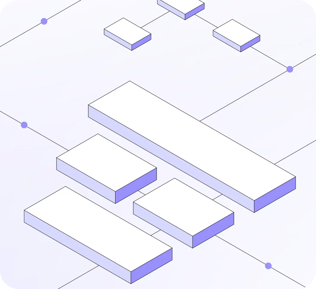 Abstract 3D isometric diagram of connected rectangular blocks representing a network or blockchain structure.