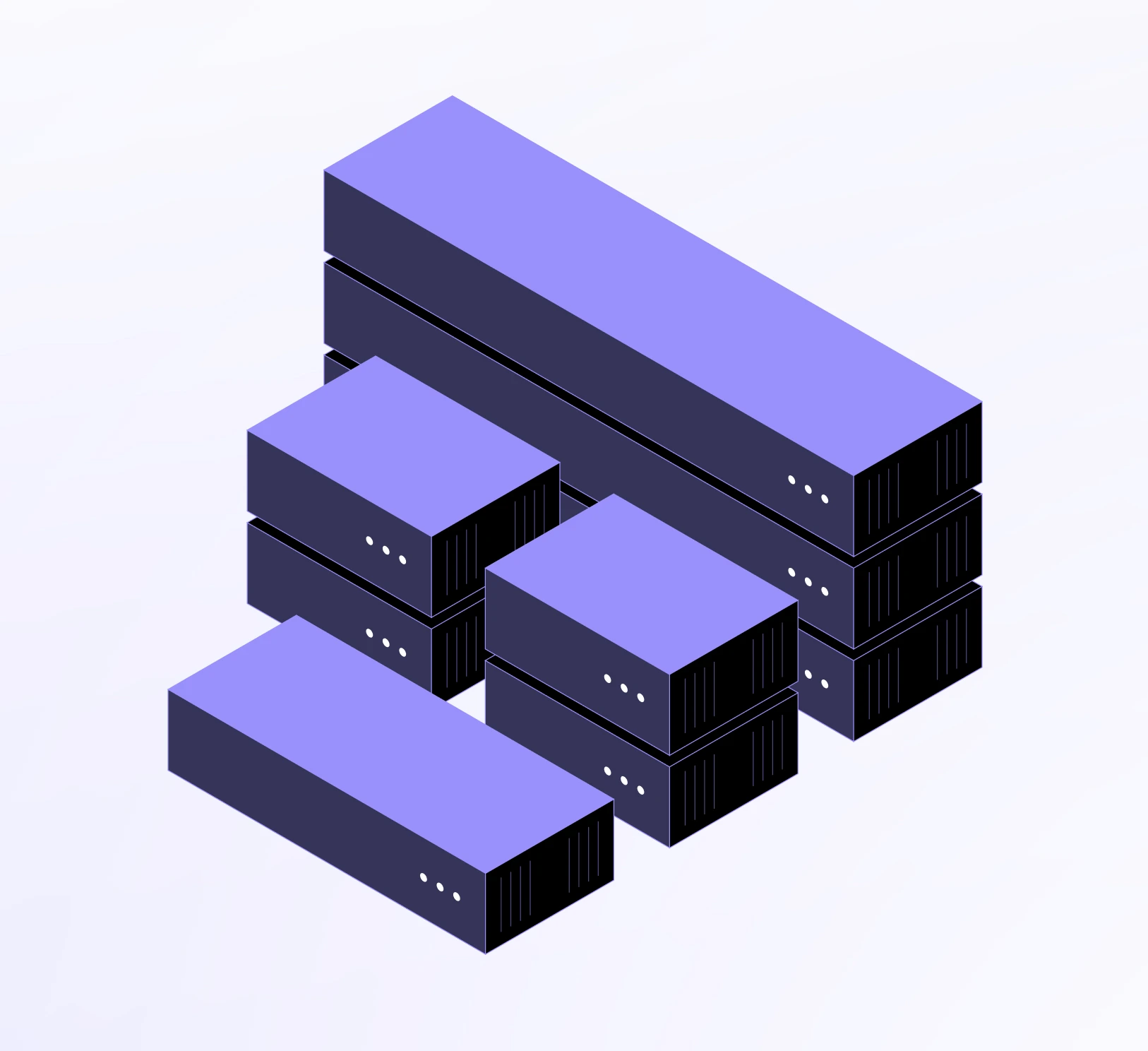 Isometric illustration of stacked purple and black server units or data storage racks connected together.