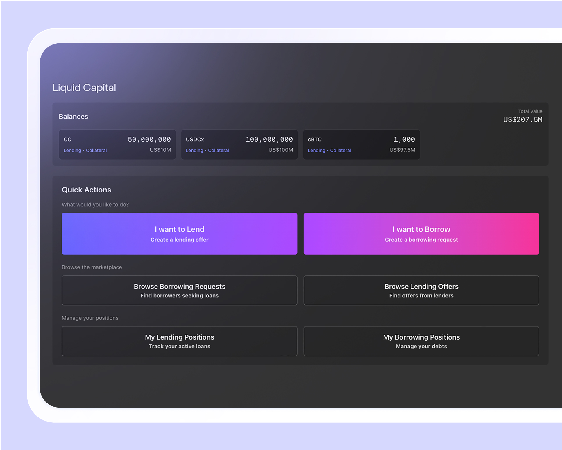 Dashboard showing Liquid Capital balances with 50 million CC, 100 million USDCx, and 1,000 cBTC totaling 207.5 million USD, with quick actions for lending or borrowing and options to browse borrowing requests, lending offers, and manage lending or borrowing positions.