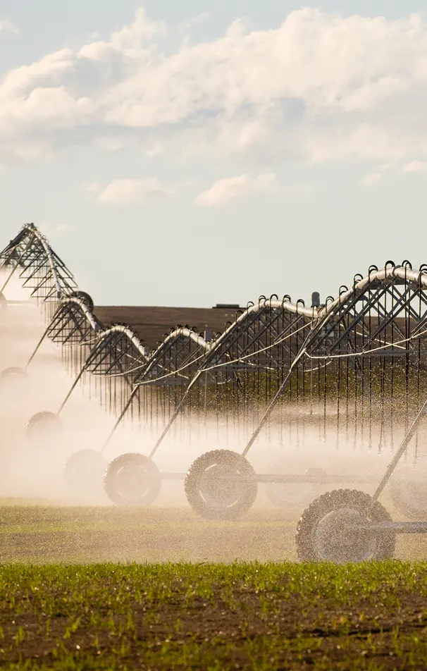 Agricultural field being irrigated by a long center pivot system spraying water over crops under a partly cloudy sky.
