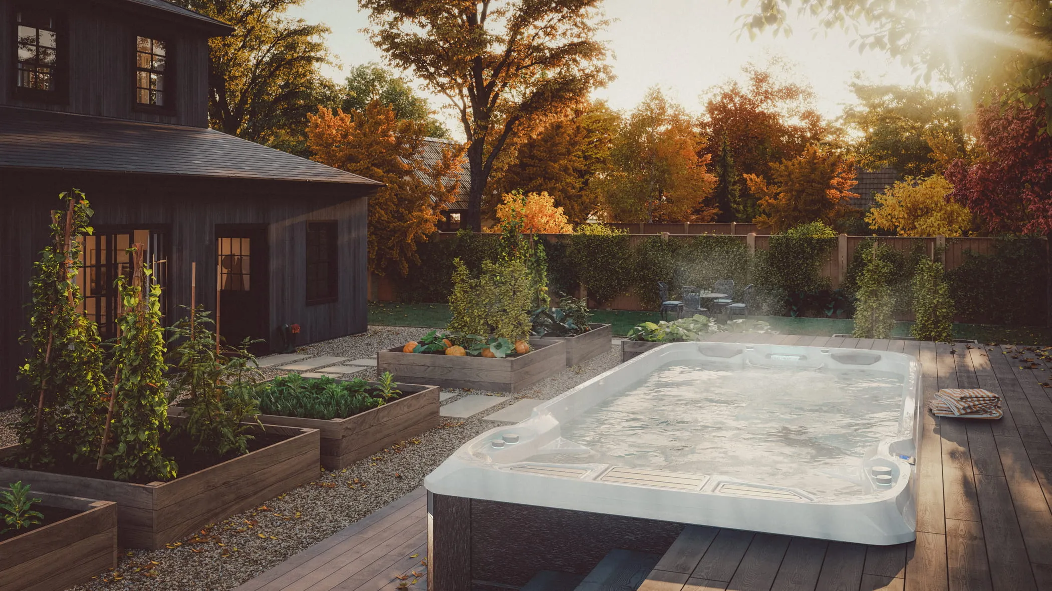 Swim spa in a large backyard