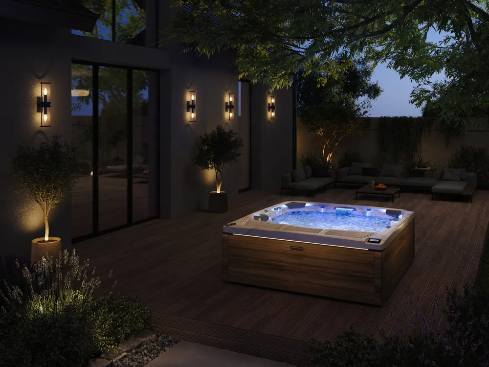 Backyard hot tub set in a peaceful outdoor retreat