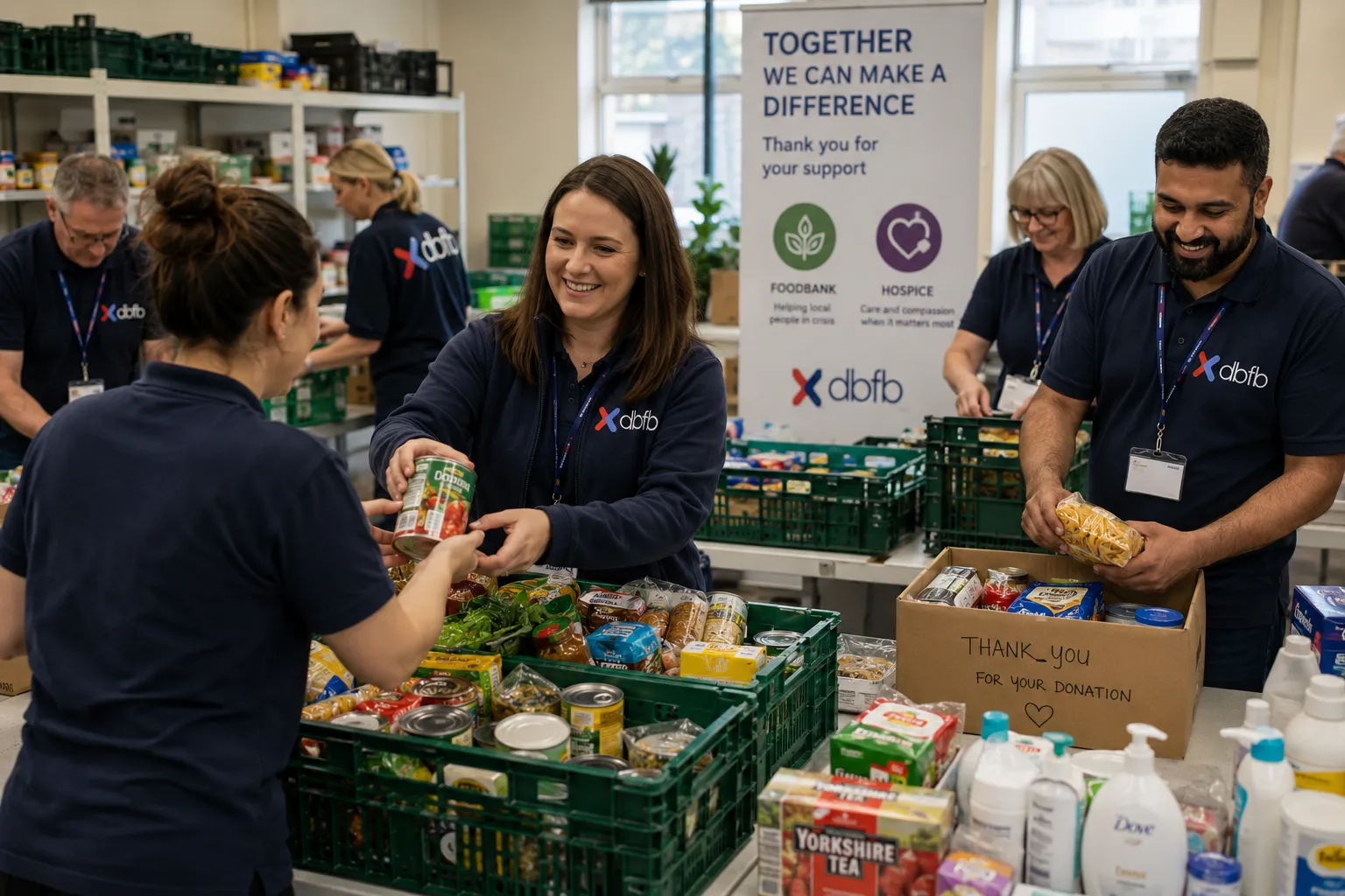 dbfb staff volunteering at a food bank, sorting donated food