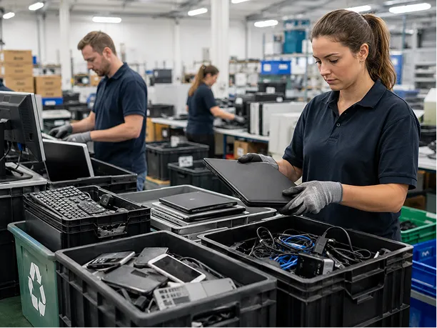 Workers sorting old laptops, phones and cables for responsible recycling