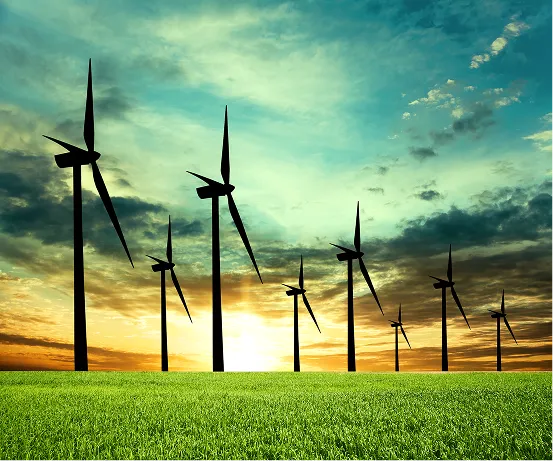Wind turbines on green fields at sunset