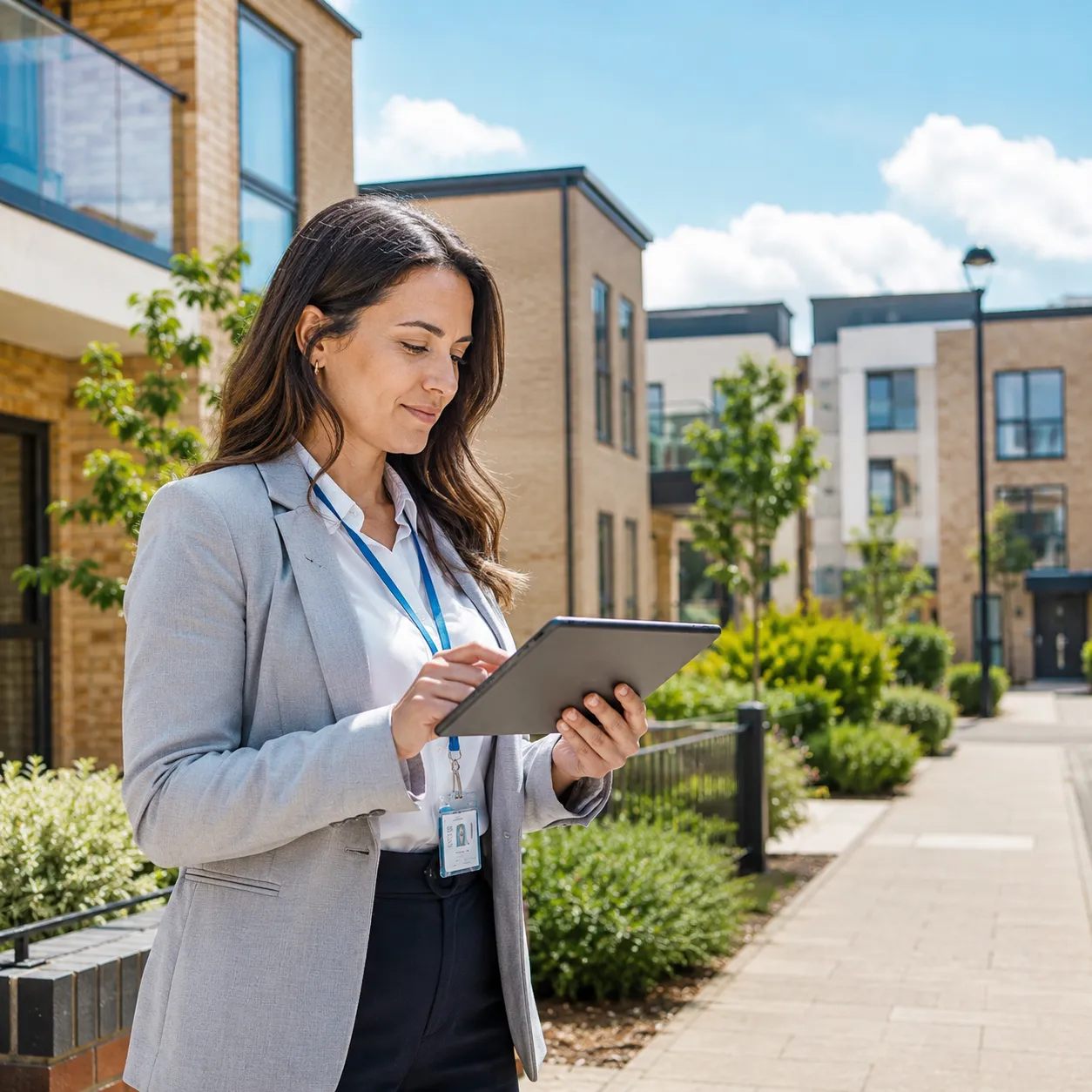 Housing officer using a tablet outside a modern residential development