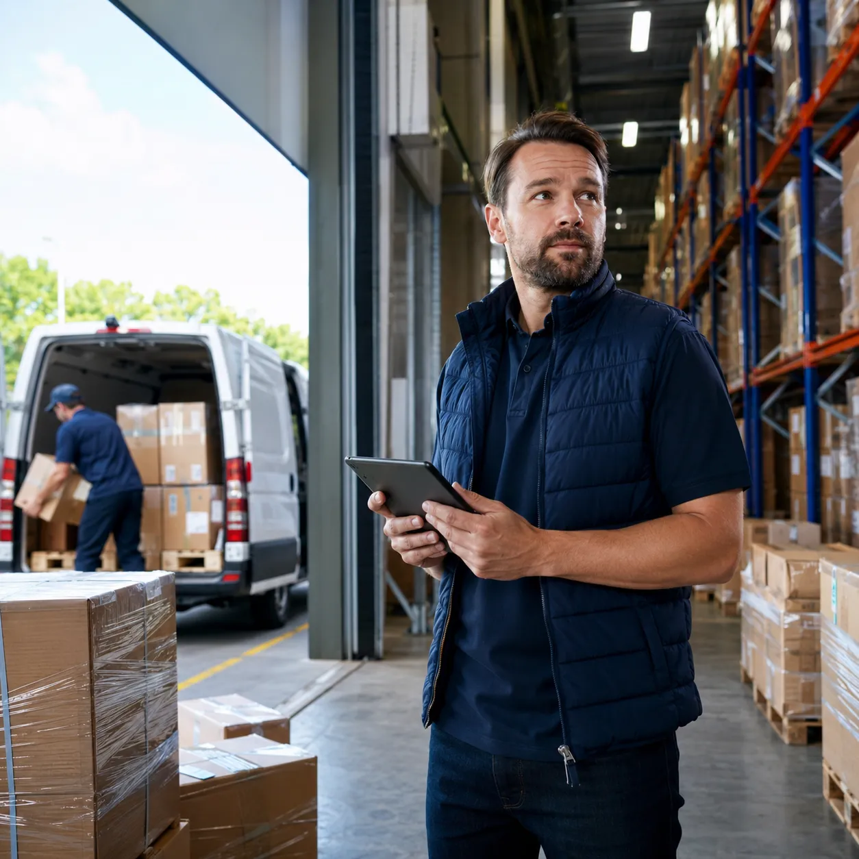 A warehouse operative checking stock on a tablet beside a loading bay, with a delivery van being loaded behind him
