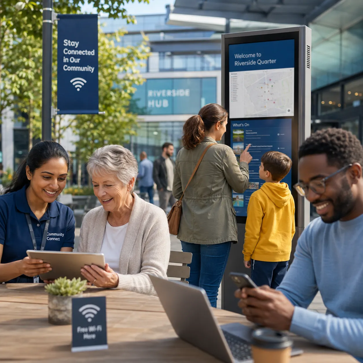 People using a digital information kiosk and free public wifi at an outdoor community hub
