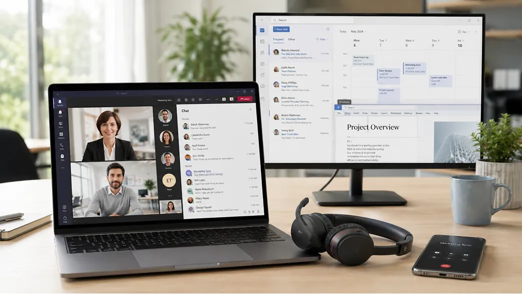 Microsoft Teams video call and chat on a laptop beside a headset and smartphone