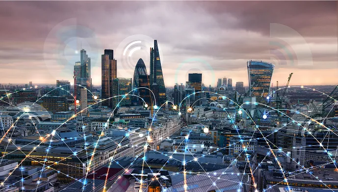 City of London skyline with a wireless network connection overlay