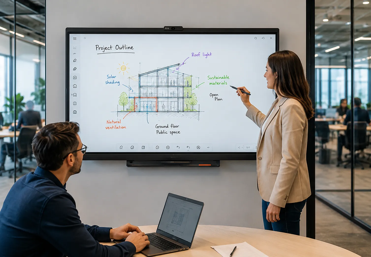 Two colleagues working at a wall-mounted interactive screen in a smart meeting room, with an open-plan office behind