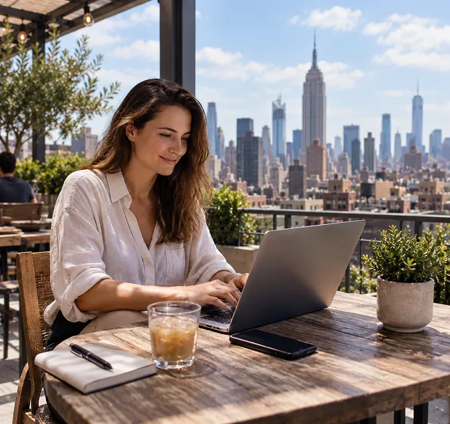 Woman working on a laptop at a rooftop café overlooking New York