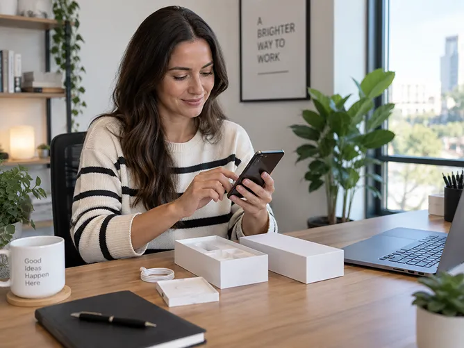 Woman using a newly unboxed smartphone at her desk