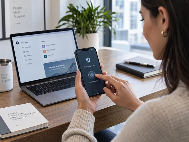 Woman using fingerprint authentication to sign in on her phone at her desk