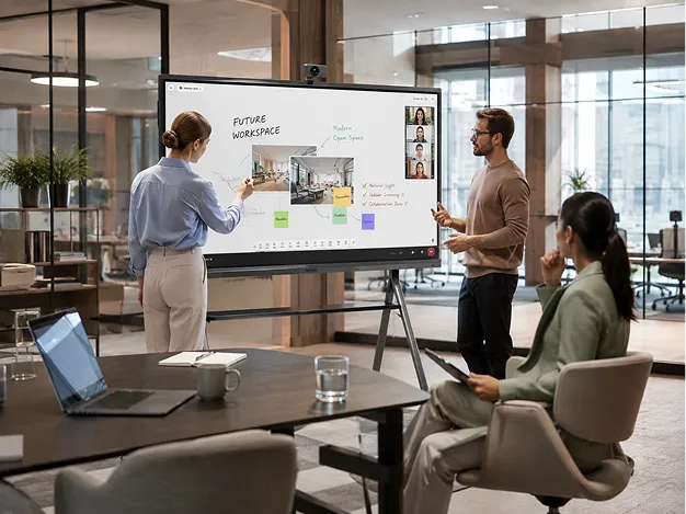 Colleagues collaborating on a Yealink MeetingBoard Pro interactive display with remote attendees