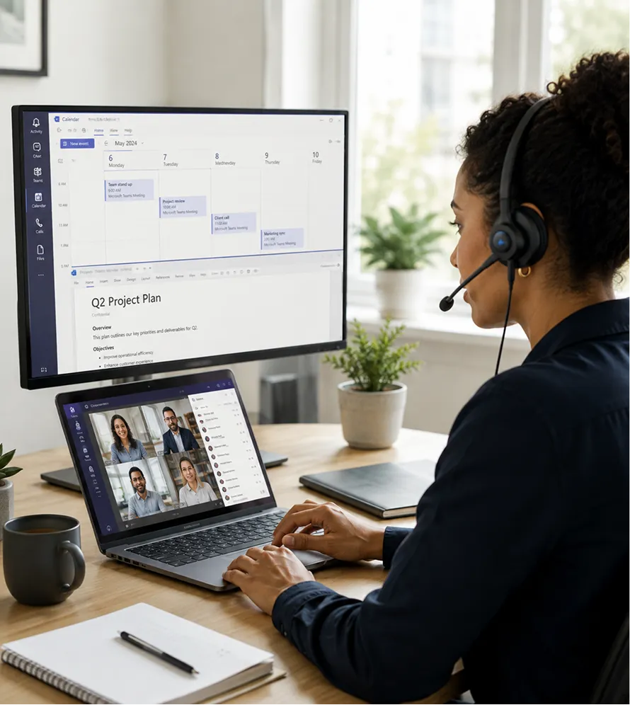 A small business team member on a video call with colleagues from a desk