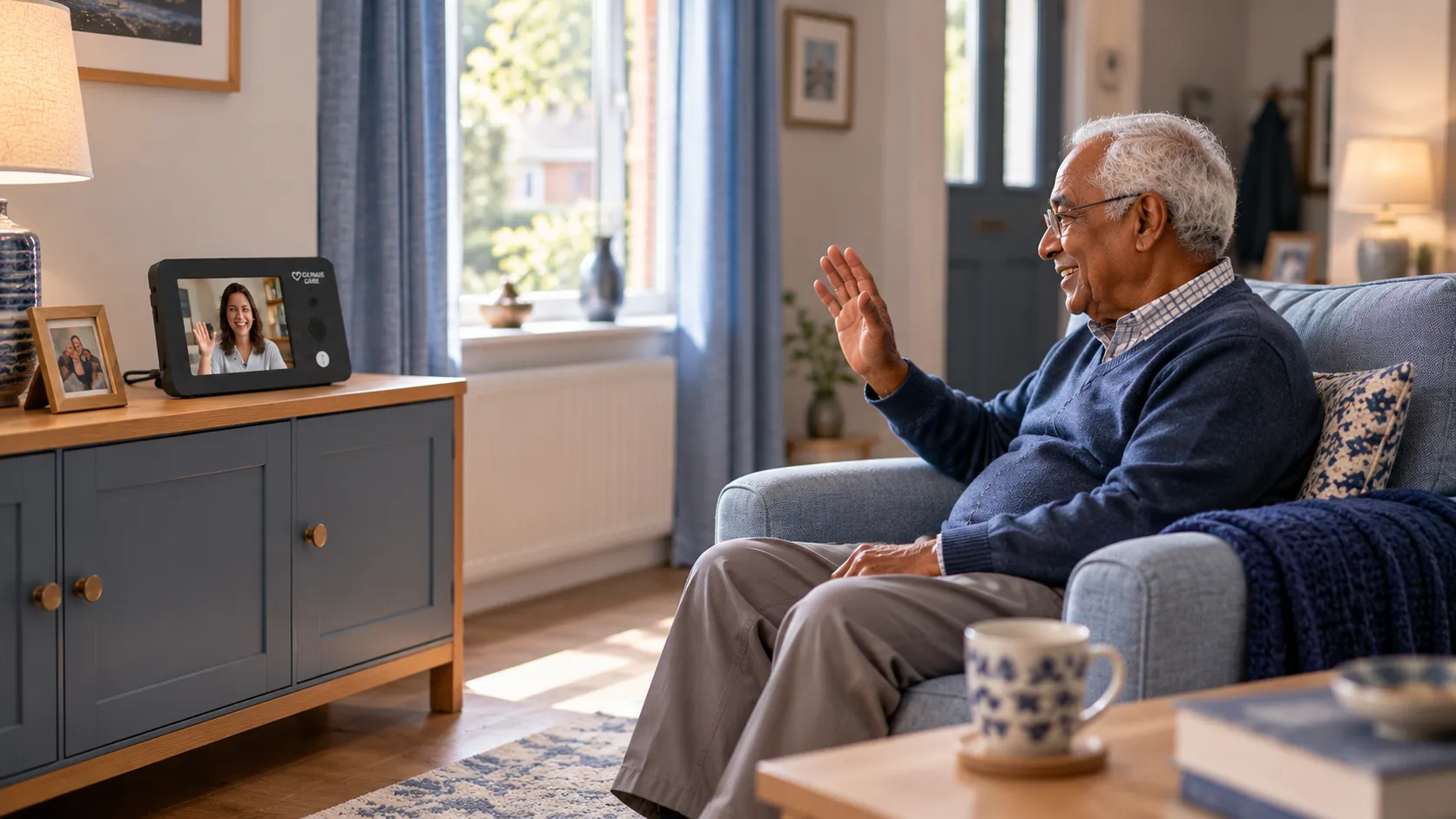 Older man waving at a video call on a Genus Care smart frame at home