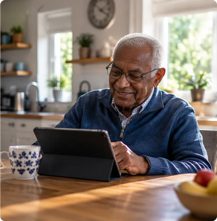 Older man using a tablet at his kitchen table