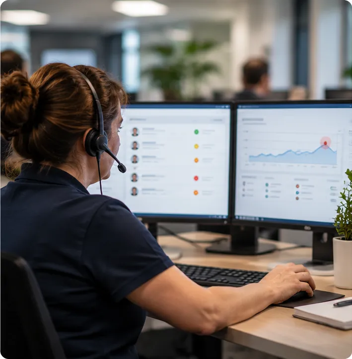 Care monitoring operator with a headset reviewing alerts across two screens