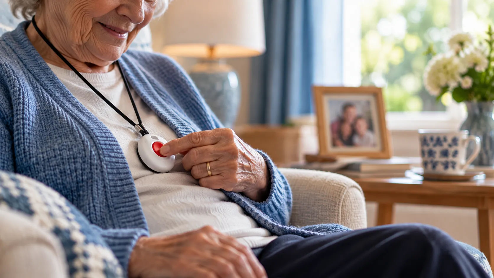 Older woman at home pressing a personal alarm pendant