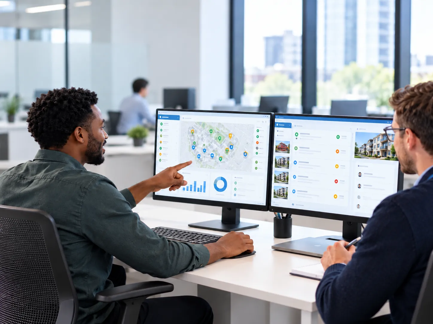 Office team working at their desks in a bright, plant-filled workplace