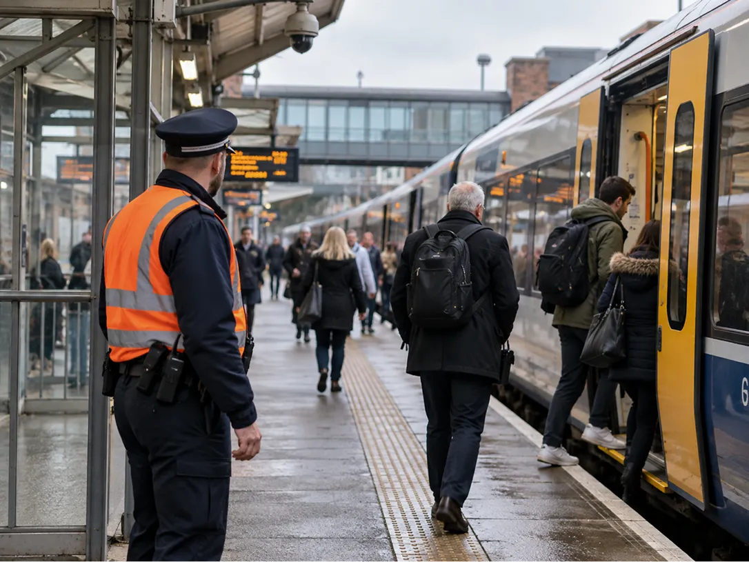 Station staff member in hi-vis watching passengers board a train