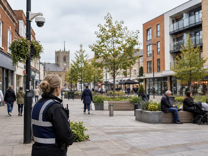 Community safety officer patrolling a town centre square with CCTV overhead