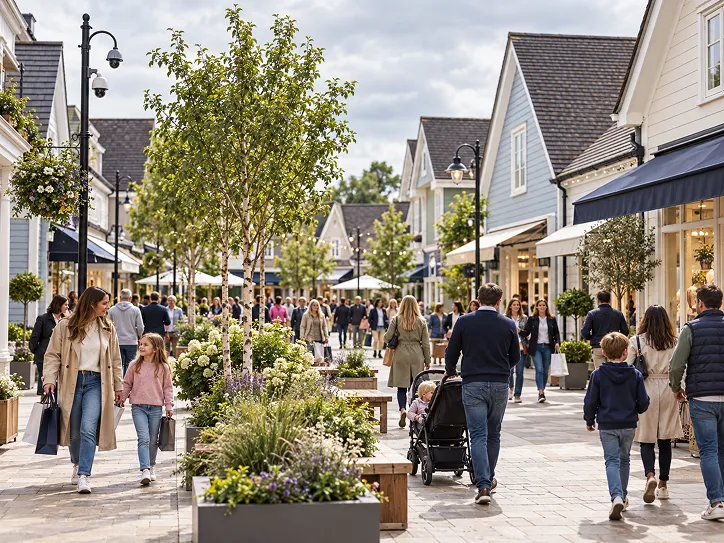 Families and shoppers walking through an outdoor shopping village