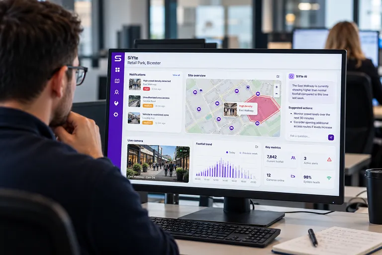 Man monitoring the SiYte retail park dashboard with footfall and camera views