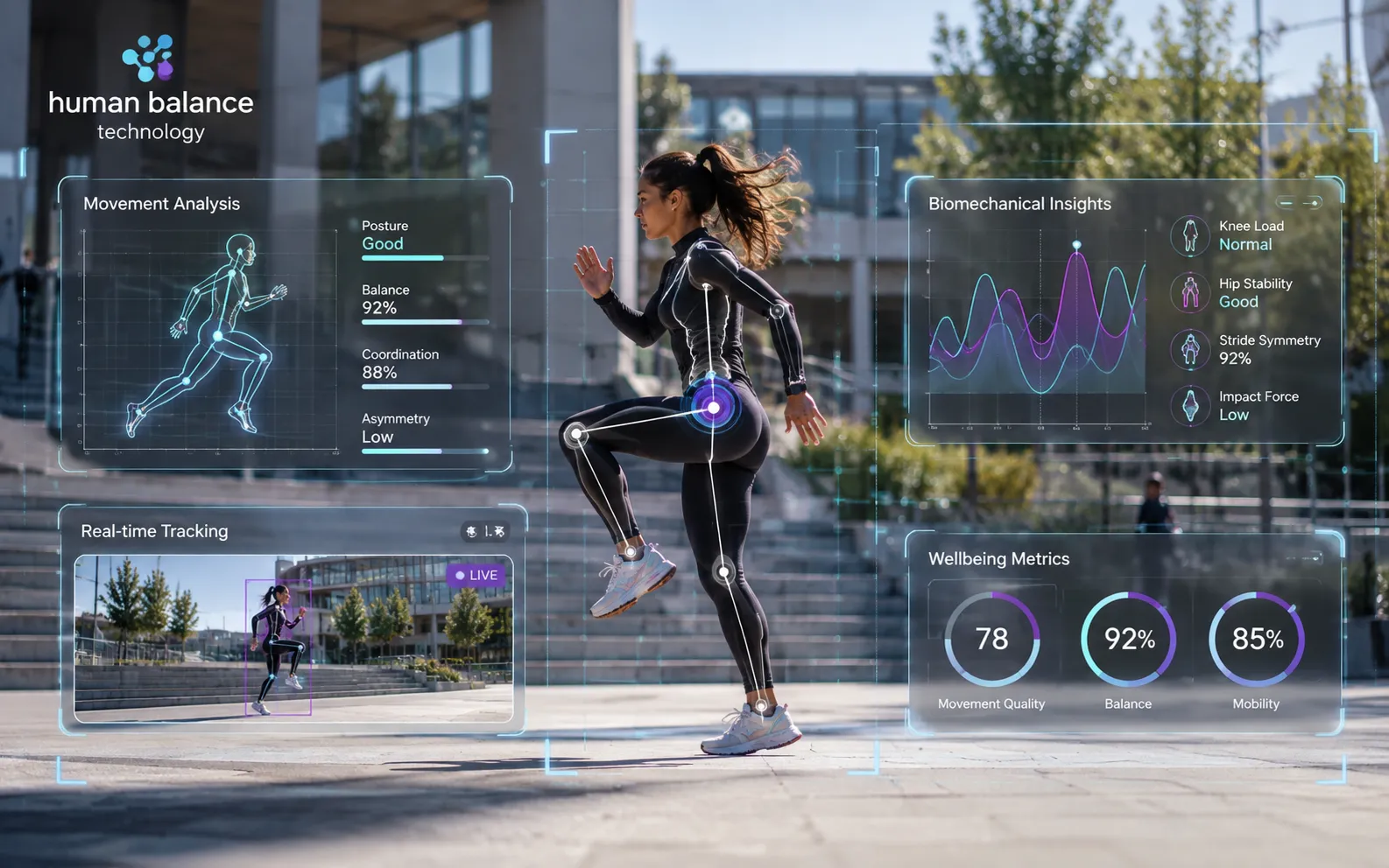 Human Balance technology analysing a runner's movement with on-screen wellbeing metrics