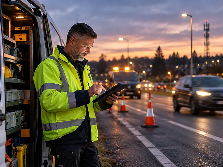 Someone holding a smartphone on a city street at dusk