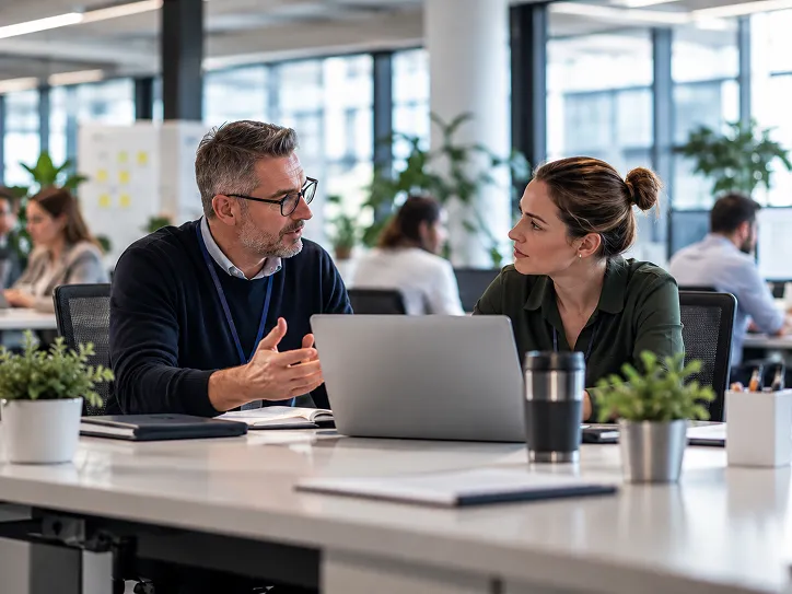 Two colleagues in discussion at a laptop in an open-plan office